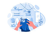 Flat man or woman hand choosing T-shirt in clothing store. Concept isolated shopping, summer prepare. Vector illustration.