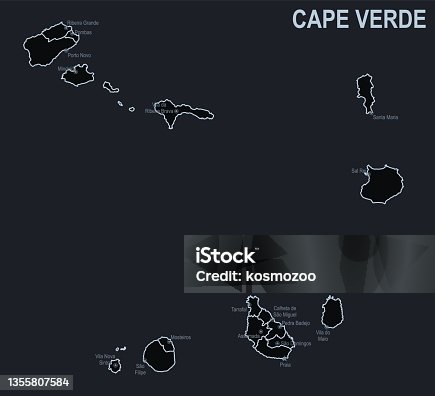 istock Flat map of Cape Verde with cities and regions on a black background 1355807584