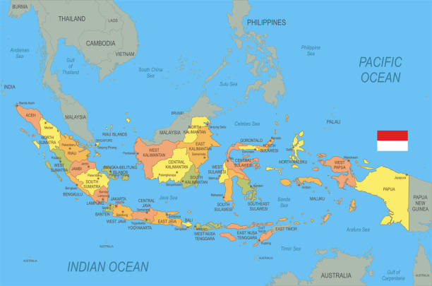印尼平面地圖。
 帶標誌。 - 印尼文化 幅插畫檔、美工圖案、卡通及圖標