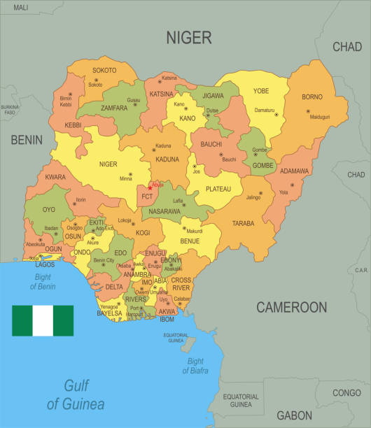 stockillustraties, clipart, cartoons en iconen met vlakke kaart van nigeria met vlag - nigeria