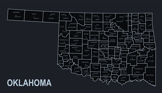 Flat map of Oklahoma state with cities against black background