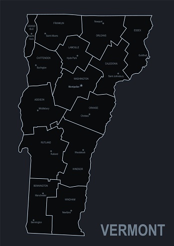 Flat map of Vermont state with cities against black background