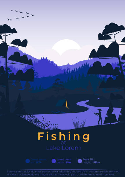 Flat minimal fishing poster with pine forest, and mountains Flat minimal fishing poster with pine forest, and mountains river silhouettes stock illustrations