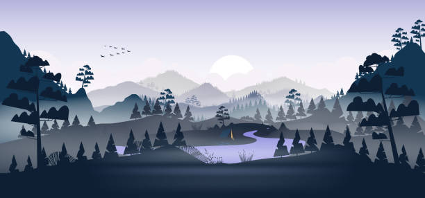 Flat minimal lake with pine forest, and mountains Flat minimal lake with pine forest, and mountains river silhouettes stock illustrations