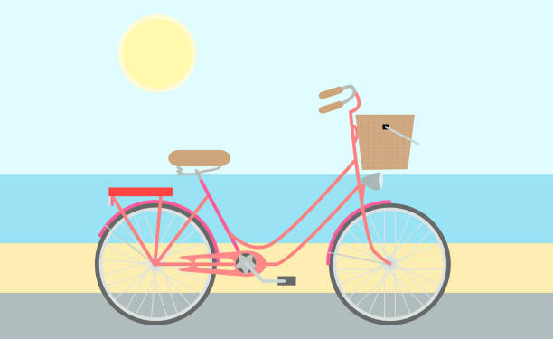 stockillustraties, clipart, cartoons en iconen met platte model van fiets op de weg aan de kust - fietsen strand