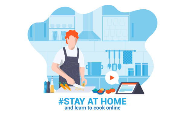 Flat Modern design Illustration of Stay at Home 2 Stay at home awareness social media campaign and coronavirus prevention. Young man learning cook online at home. Vector illustration cooking stock illustrations
