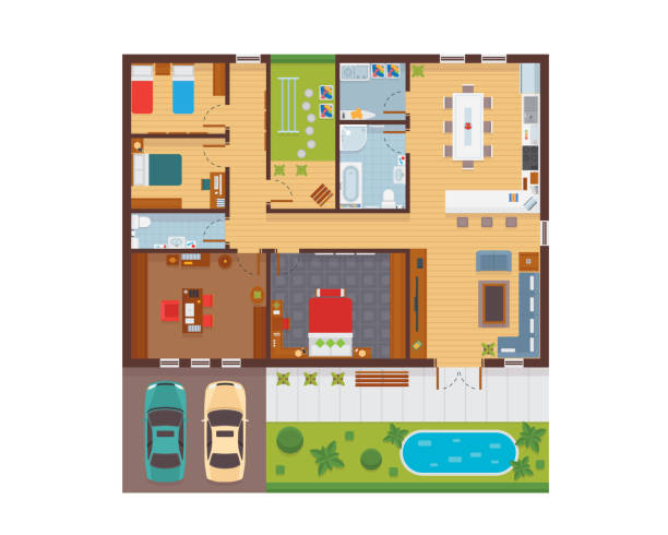 Flat Modern Family House Interior And Room Spaces Floor Plan From Top View Illustration Flat Modern Family House Interior And Room Spaces Floor Plan From Top View Illustration Showing Living Room, Dining Room, Kitchen, Bedroom, Family Room, and Garage. bed furniture drawings stock illustrations