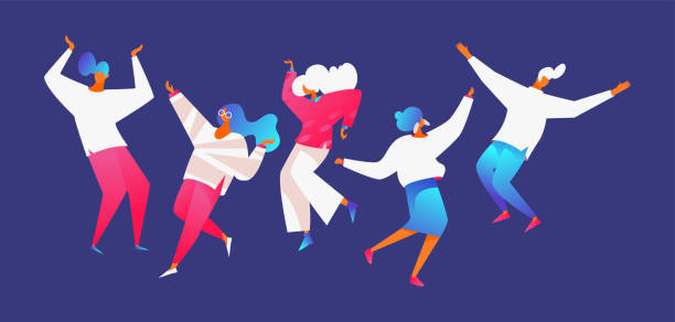 Flat modern group of people dancing. Flat modern group of people dancing. Men and women in dynamic poses on blue background. Vivid pink gradients and white clothes, flying hair, hands up dancing designs stock illustrations