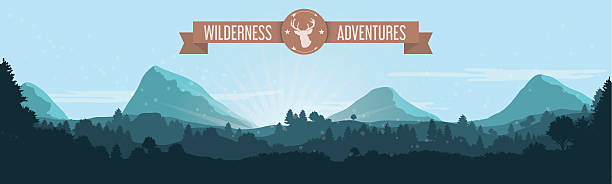 Flat Mountain Treeline Landscape with Ribbon and Deer Logo Blue flat landscape design with Wilderness Adventures ribbon and deer silhouette logo. extreme terrain stock illustrations