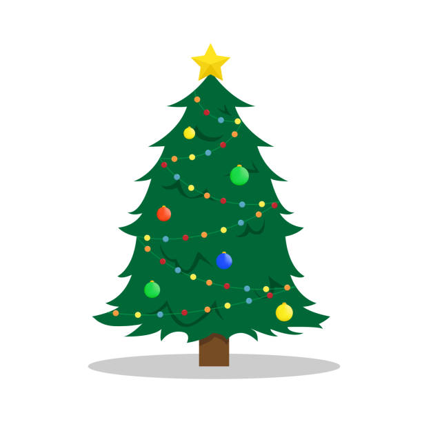 ilustraciones, imágenes clip art, dibujos animados e iconos de stock de ilustración de vector de año nuevo con un árbol de navidad de plano. - christmas tree