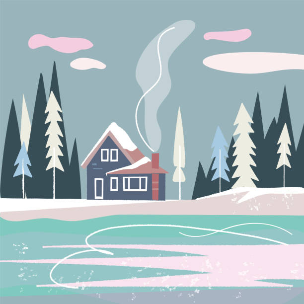 illustrazioni stock, clip art, cartoni animati e icone di tendenza di paesaggio nordico pianeggiante con casa, foresta e lago. - finlandia laghi