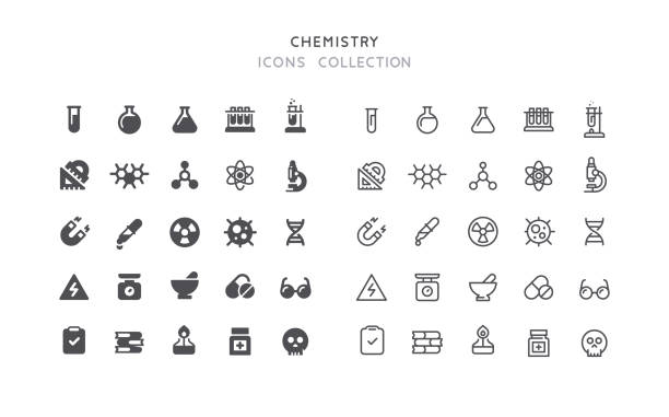 Flat & Outline Chemistry Icons Set of chemistry vector icons. Flat design & outline editable stroke. laboratory symbols stock illustrations