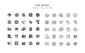 Set of food delivery vector icons. Flat design & outline editable stroke. Perfect pixel line.