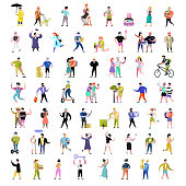 Flat People Characters Collection. Man and Woman Cartoons in Various Actions, Poses and Activities. Students, Gardener, Technology. Vector illustration