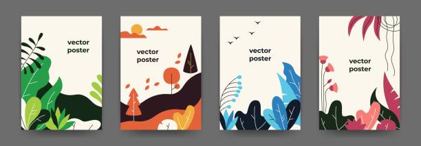 Flat plant posters. Gradient abstract geometric banners with copy space floral frames, jungle leaves and plants. Vector cover design Flat plant posters. Gradient abstract geometric banners with copy space floral frames, jungle leaves and plants. Vector cover landscape design gardening borders stock illustrations