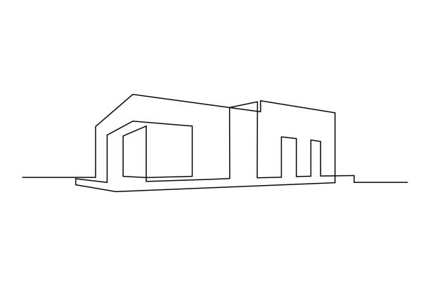 Flat roof building Modern flat roof house or commercial building in continuous line art drawing style. Minimalist black linear sketch isolated on white background. Vector illustration modern building stock illustrations
