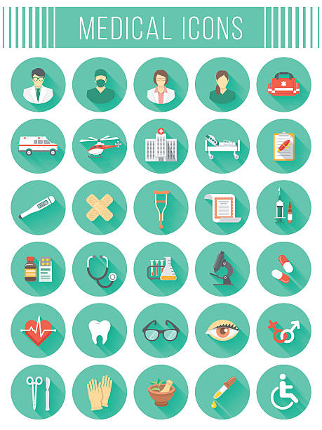 flat round vector medical and healthcare icons with long shadows - 牙齒保健 插圖 幅插畫檔、美工圖案、卡通及圖標