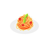 Vector illustration. Flat style icon of spaghetti with tomato sauce. Traditional italian food for different design.