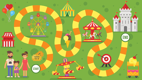 Vector flat style illustration of kids amusement park board game template. For print. vector