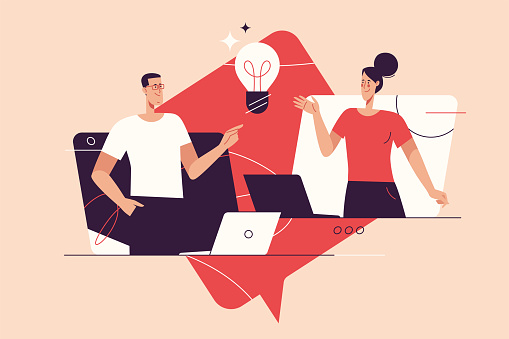 Flat style outline vector illustration on the subject of teamwork, brainstorming, finding new solutions. Editable stroke
