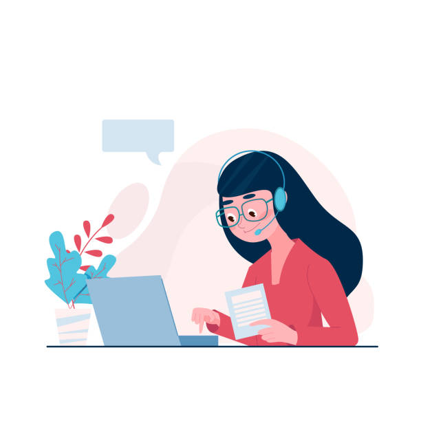 Flat style Woman Operator holding document and consulting client on hotline. Vector illustration with flowers on background Flat style Woman Operator holding document and consulting client on hotline. Vector illustration with flowers on background. mary mara stock illustrations