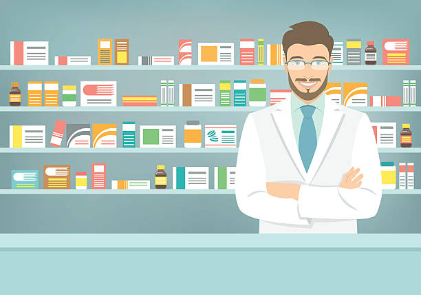 Flat style young pharmacist at pharmacy opposite shelves of medicines vector art illustration