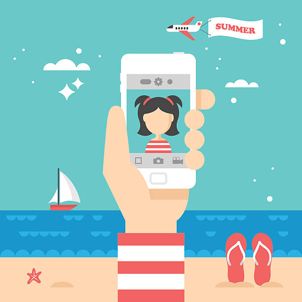 Flat stylish design for selfie photo with smart phone concept. Flat stylish design for selfie photo with smart phone concept. Summer holiday vacation selfie patterns stock illustrations