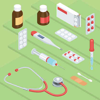 Flat symbols for ad about pharmacy, medical items