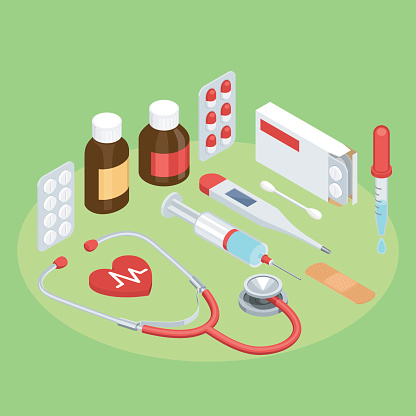 Flat symbols for ad about pharmacy, medical items