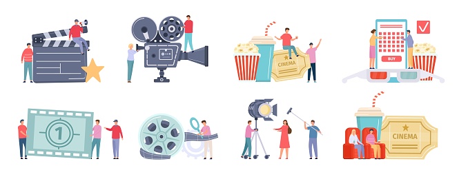 Flat tiny characters recording, making and watching movies. Film director, shooting crew, people at cinema. Movie production team vector set