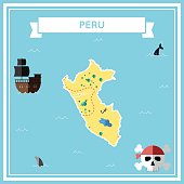Flat treasure map of Peru. Colorful cartoon with icons of ship, jolly roger, treasure chest and banner ribbon. Flat design vector illustration.