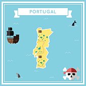 Flat treasure map of Portugal. Colorful cartoon with icons of ship, jolly roger, treasure chest and banner ribbon. Flat design vector illustration.