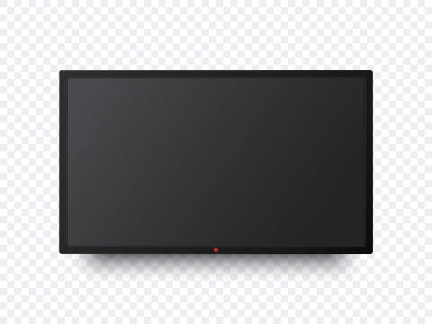 フラットテレビスクリーンモックアップ。透明な壁に黒いテレビディスプレイが隔離され、空白の画面と影で表示されます。大きなコンピュータの画面やテレビパネルを導いた。ベクトル技� - テレビ点のイラスト素材／クリップアート素材／マンガ素材／アイコン素材