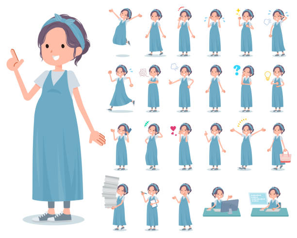 flat type hairband Pregnant women_emotion A set of Pregnant Women with who express various emotions.There are actions related to workplaces and personal computers.It's vector art so it's easy to edit. shy japanese woman stock illustrations