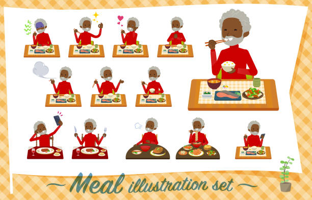 illustrations, cliparts, dessins animés et icônes de cou de type plat haute black_meal vieil homme - african america man eating chinese food
