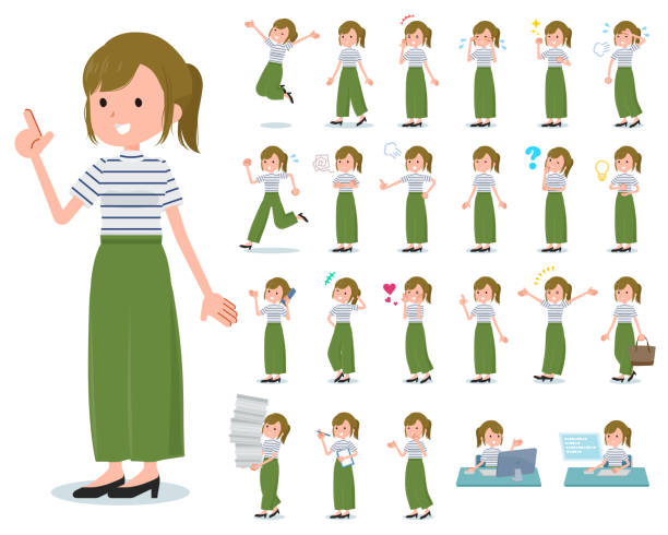 flat type khaki wide pants women_emotion A set of casual fashion women with who express various emotions.There are actions related to workplaces and personal computers.It's vector art so it's easy to edit. shy japanese woman stock illustrations
