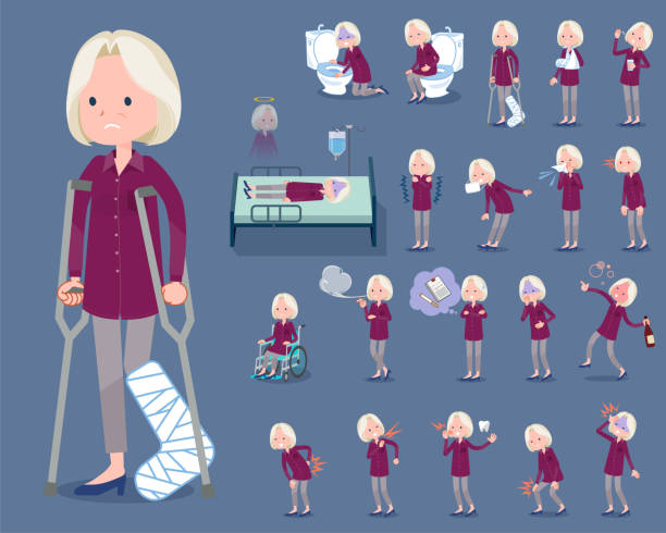 ilustrações, clipart, desenhos animados e ícones de apartamento tipo roxo camisa velha mulheres white_sickness - lombar