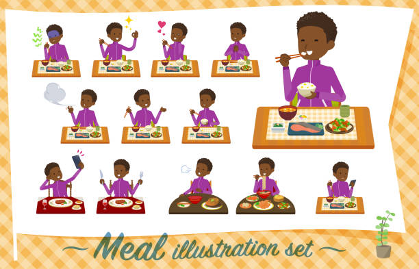 illustrations, cliparts, dessins animés et icônes de appartement type école garçon jersey black_meal - african america man eating chinese food