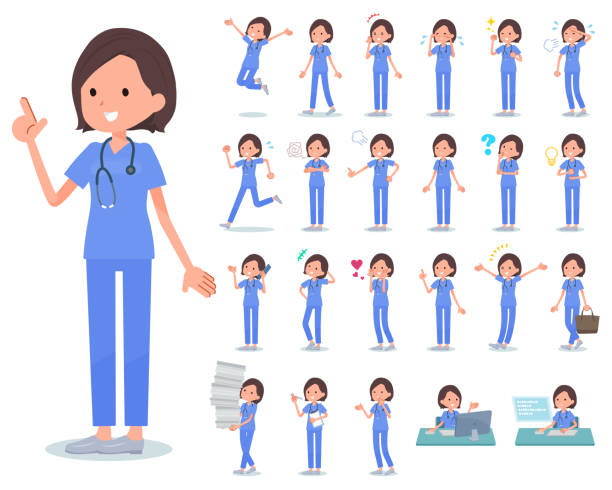 flat type surgical wear women_emotion A set of Surgical Doctor women with who express various emotions.There are actions related to workplaces and personal computers.It's vector art so it's easy to edit. shy japanese woman stock illustrations