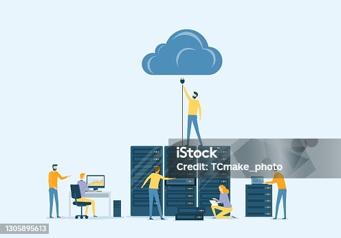 istock Flat vector business datacenter technology with cloud computing service concept and developer technician team working concept 1305895613