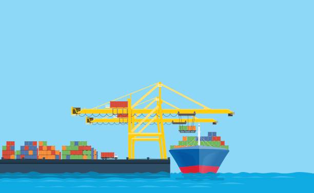 ilustrações de stock, clip art, desenhos animados e ícones de flat vector business shopping and logistics concept.international transport.with cargo shop in shipping dock - porto