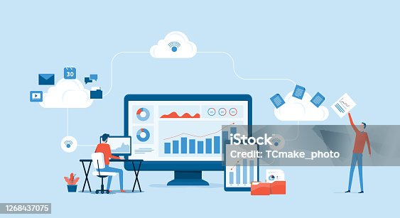 istock flat vector business technology cloud computing service concept and with developer team working concept 1268437075