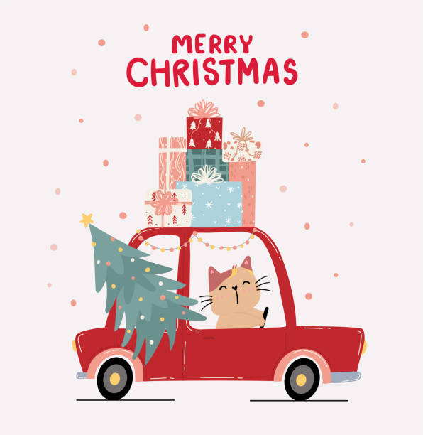 bildbanksillustrationer, clip art samt tecknat material och ikoner med platt vektor söt kattunge katt kör röd bil med tall julgran och hög med nuvarande presentask på tak, god jul, idé för gratulationskort, väggkonst, t shirt, utskrivbara apparels - cat snow