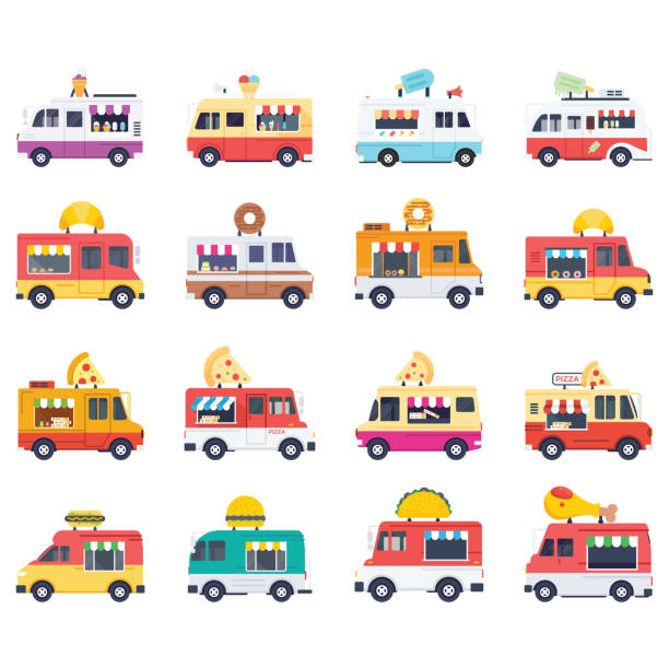 Flat Vector Icons Pack Of Food Vans These vector icons represent truck food, street food and fast food on wheels which make this pack an awesome and unique addition in flat icons collection. This pack features food vans of desserts, savory item, fast food and many more. food truck stock illustrations