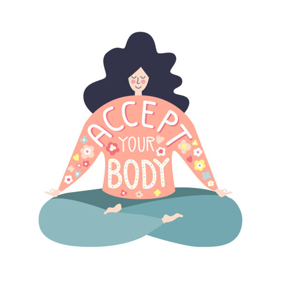 Flat vector illustration Accept your body. Accept your body. Modern flat vector illustration with a motivational body positive phrase. Cute woman in Lotus pose, hand lettering phrase. Inspiring yoga and meditation concept. positive body image stock illustrations