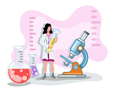 Flat vector illustration female doctor with laboratory flask and microscope