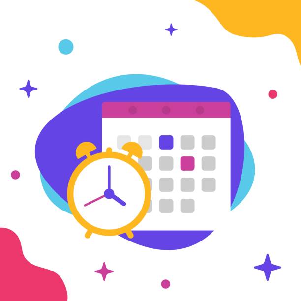 bildbanksillustrationer, clip art samt tecknat material och ikoner med flat vector illustration av en väckar klocka och kalender på en abstrakt bakgrund - calendar clock
