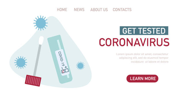 flache vektor-illustration des bluttests mit text coronavirus isoliert auf blauem hintergrund. - corona test stock-grafiken, -clipart, -cartoons und -symbole