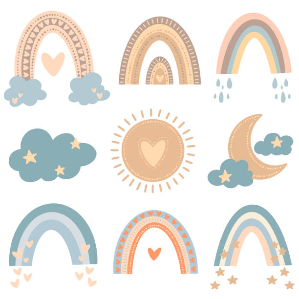 bildbanksillustrationer, clip art samt tecknat material och ikoner med platt vektor illustration av söta tecknade regnbågar i färgad doodle stil - cloud heart star, abstract