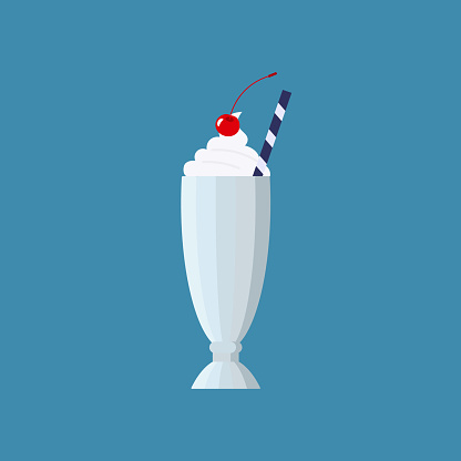 Flat vector illustration of old fashioned milkshake cocktail with whipped cream and cherry on top. Isolated on blue background.